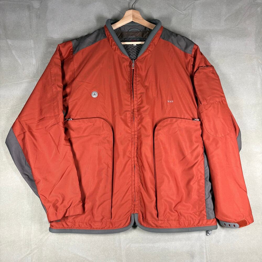 TUMI Travel Utility Jacket Mens XL Orange Gray Full Zip Lightweight Tech Coat